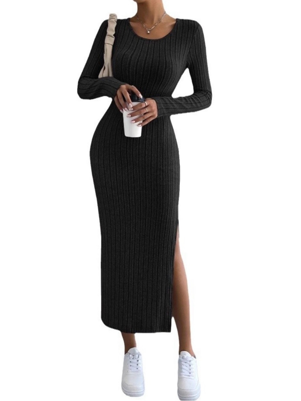 2413 - Black Wide Ribbed Knit Long Sleeve Maxi Dress Side Slit Size L NWT